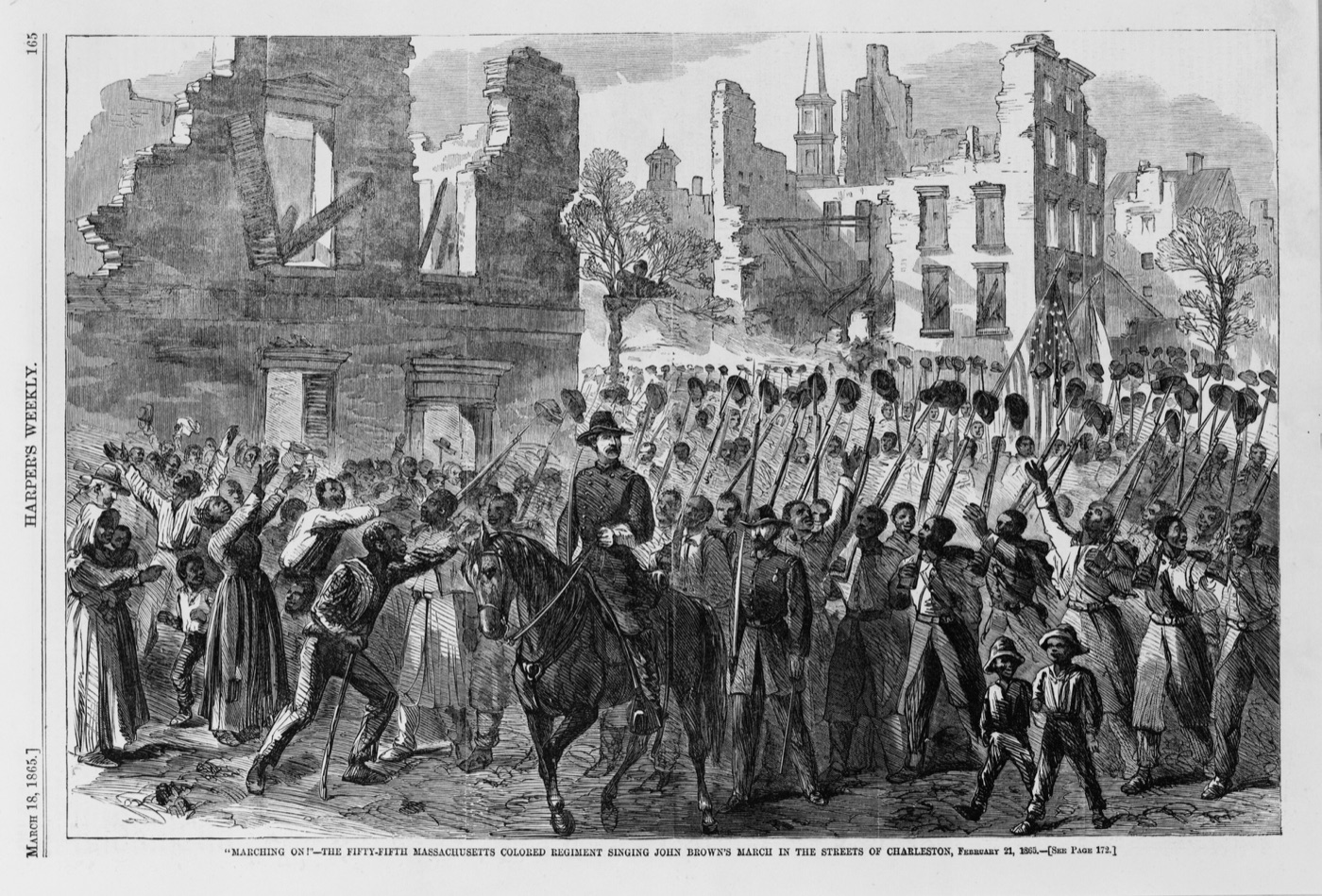1865 print: the Fifty-fifth Massachusetts Colored Regiment singing John Brown's March in the streets of Charleston.