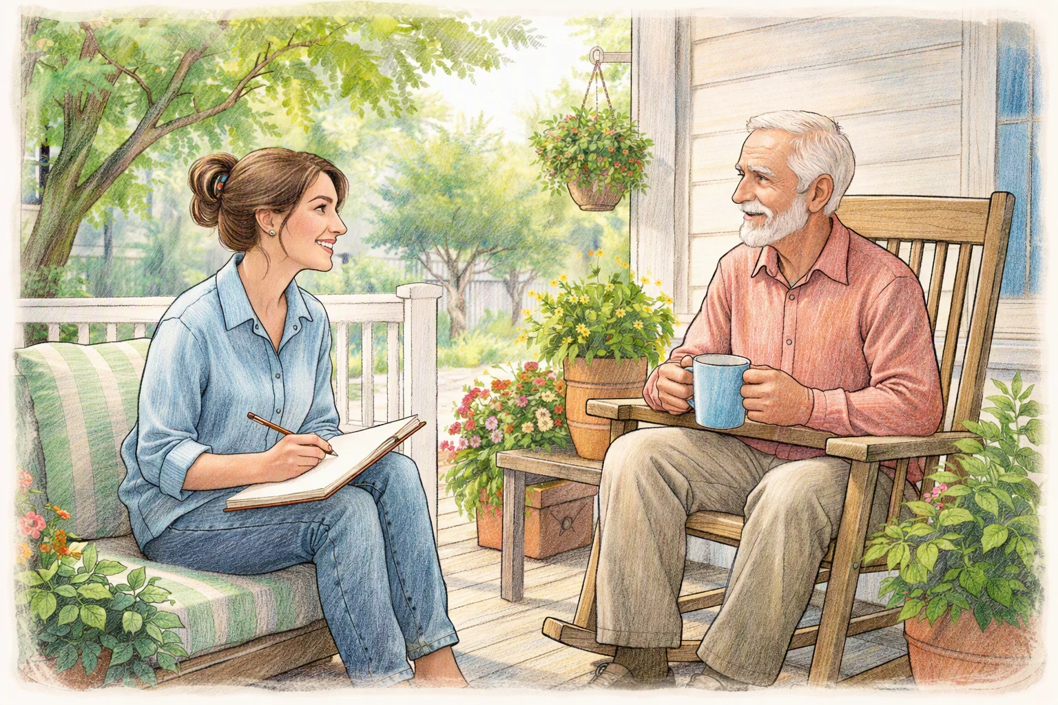 Two people recording an oral history on a porch