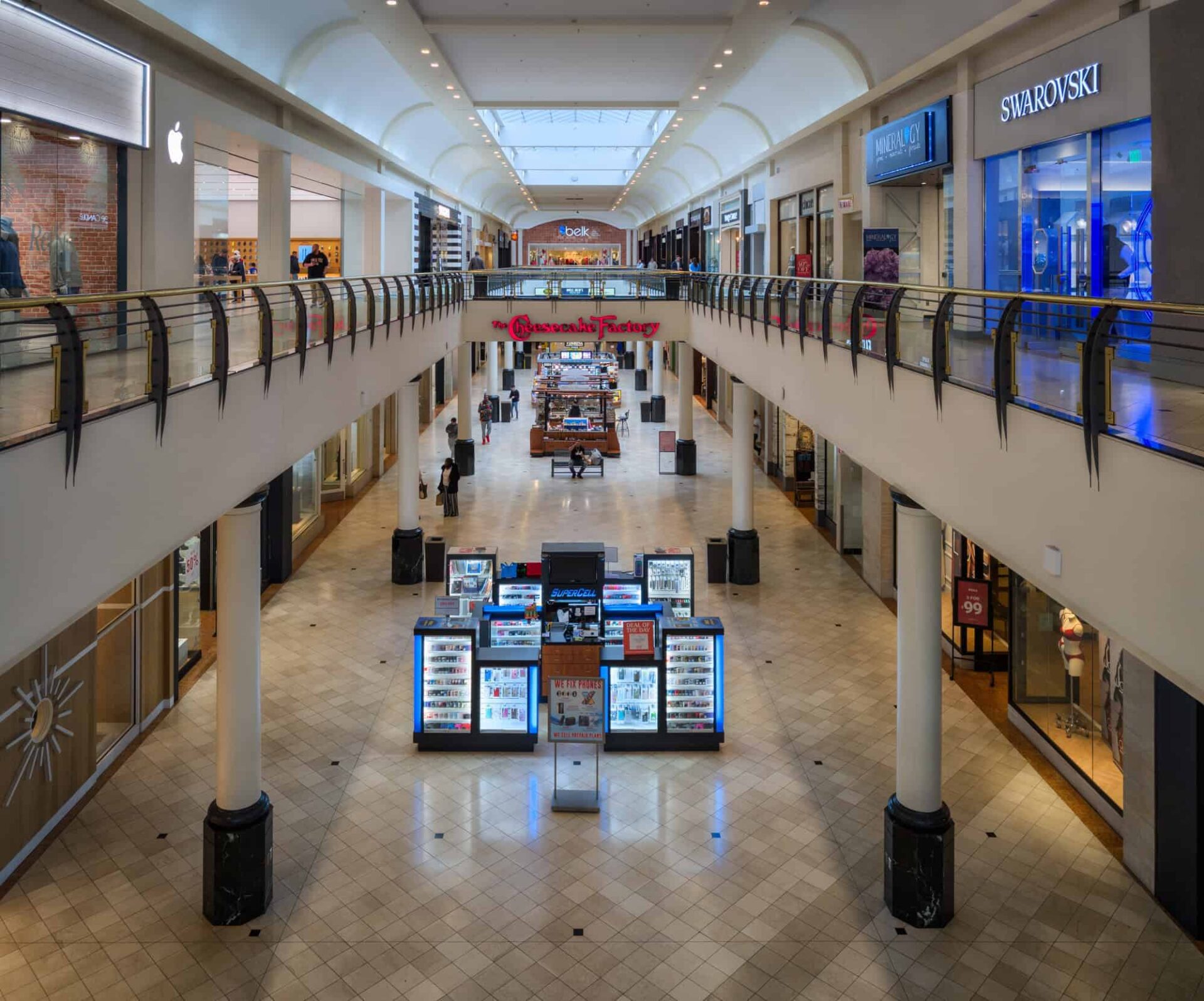 The mall concourses are clean and lined with stores
