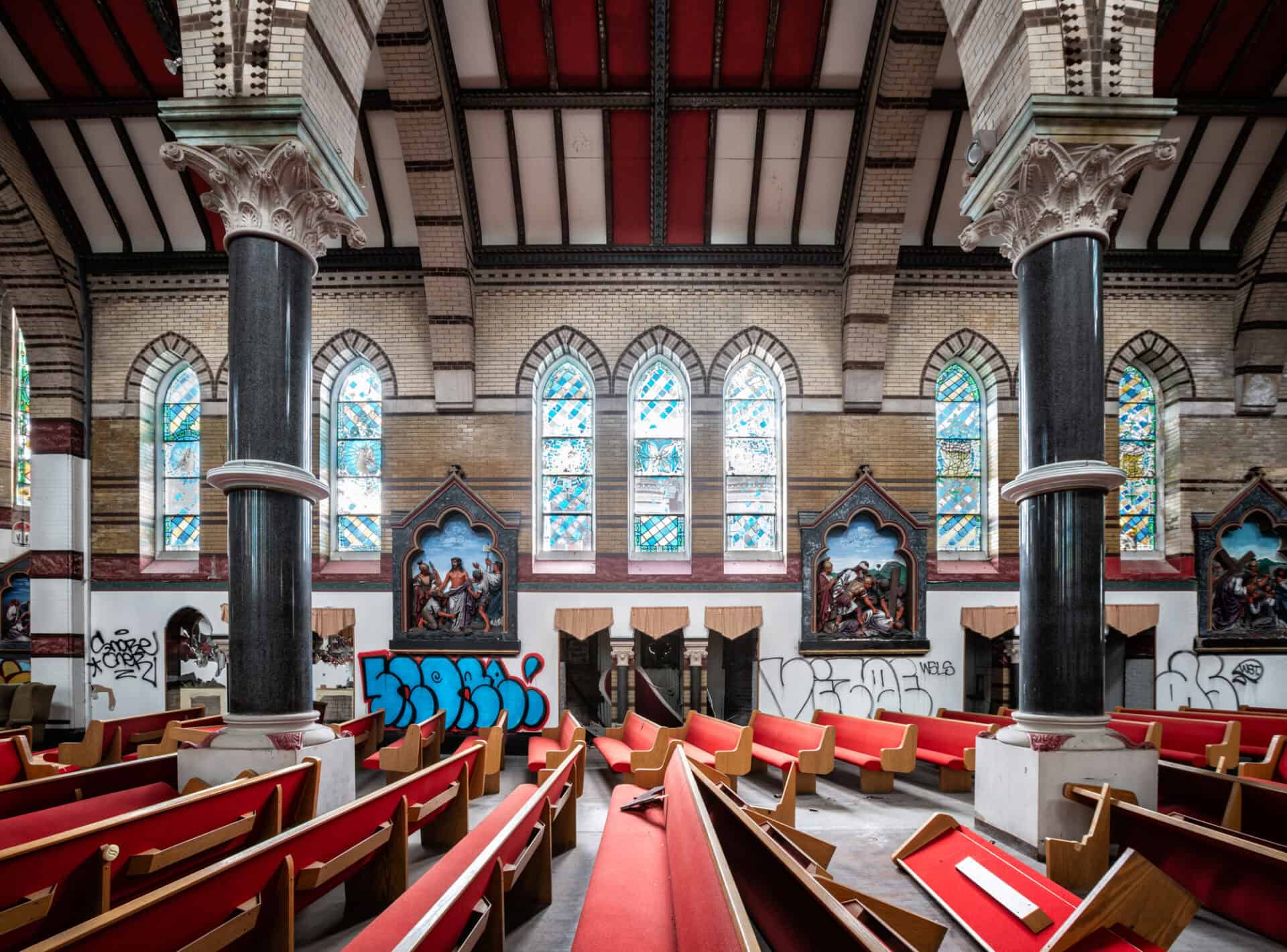 The gorgeous interior of the Church of St. Edward the Confessor has been heavily vandalized