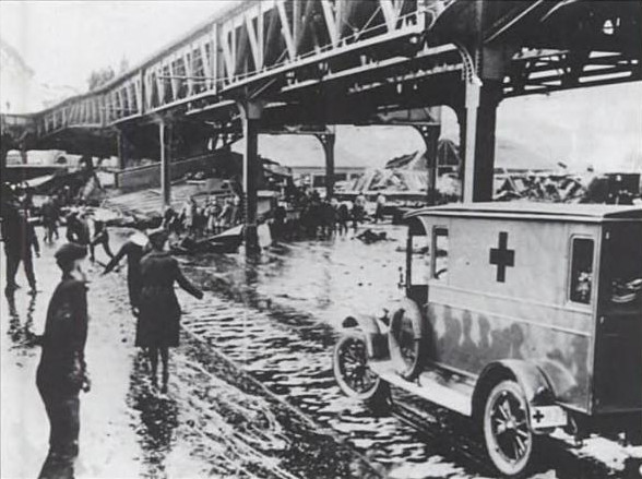 Red Cross ambulance at 1919 Boston Molasses Flood wreckage
